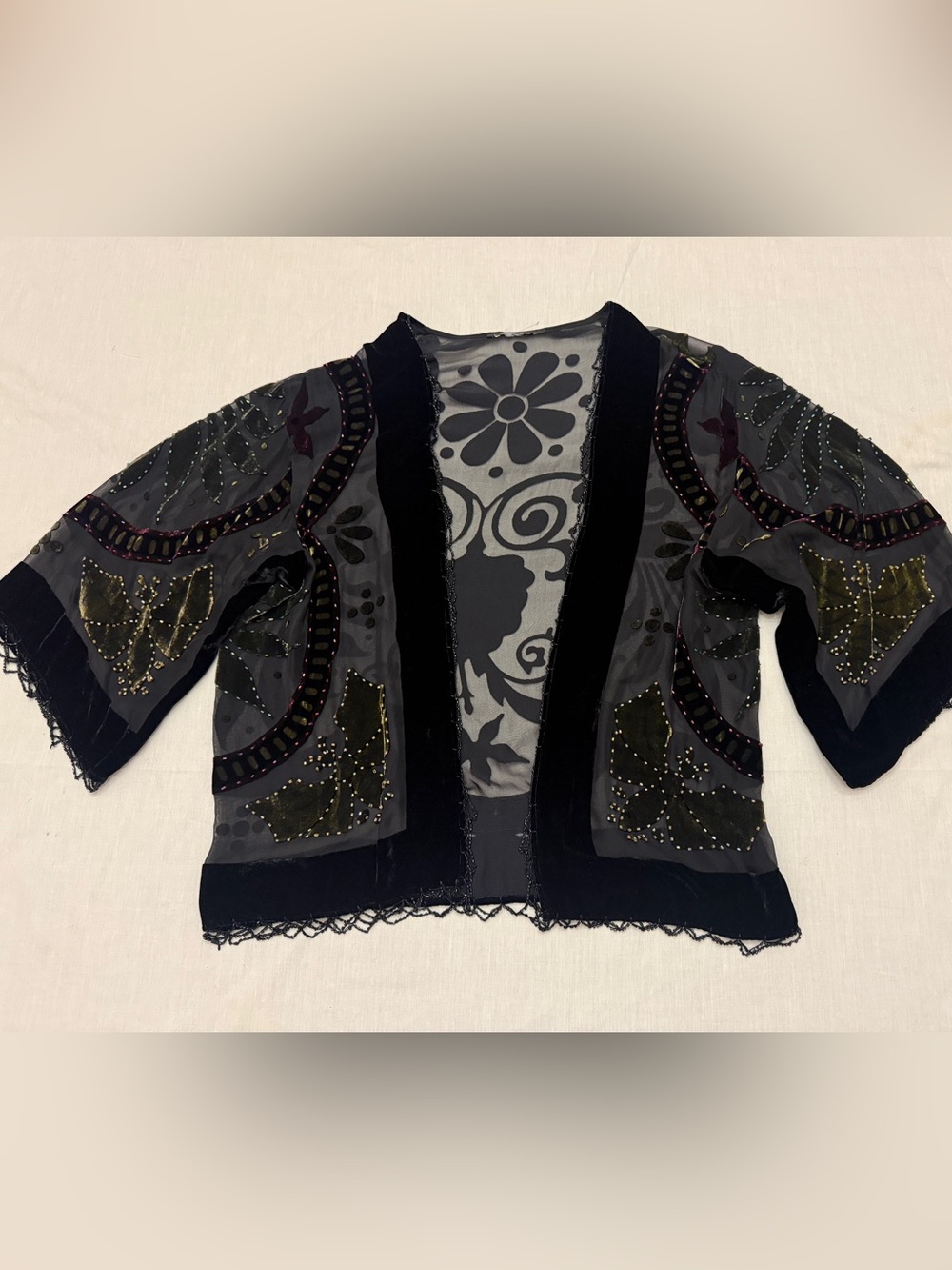 Velvet Floral Embellished kimono in Black and Burgundy